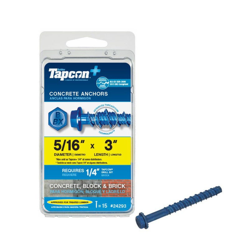 Tapcon+ 5/16 x 3 Inch Heavy-Duty Hex Head Concrete Anchors, 15 PCS, Corrosion Resistant Blue Climasealâ„¢ Coating, Outdoor Rated Use, Concrete Block & Masonry Brick Screws, Drill Bit Sold Separately - Image 1